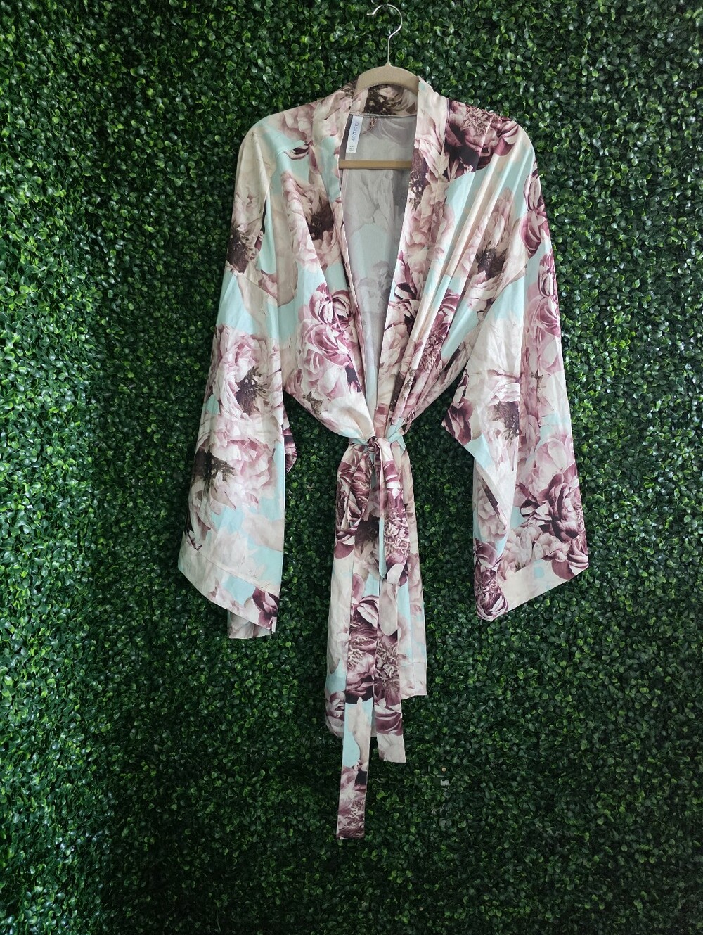 Cacique Women's Floral Satin Tie-Front Robe - Light Blue & Mauve Size 22/24